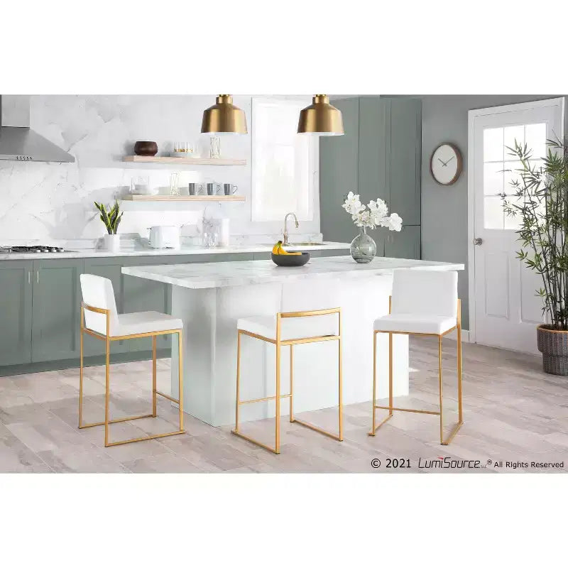 Set of 2 High-Back Counter Height Barstools – Faux Leather, Gold Steel Legs, 26" Seat