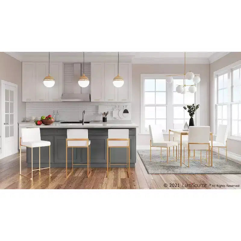 Set of 2 High-Back Counter Height Barstools – Faux Leather, Gold Steel Legs, 26" Seat