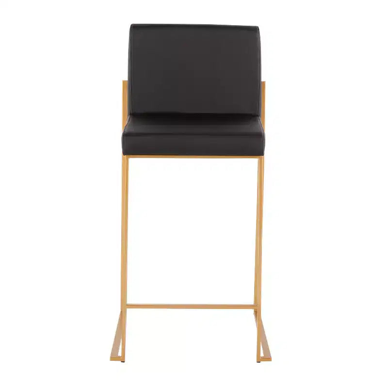 Set of 2 High-Back Counter Height Barstools – Faux Leather, Gold Steel Legs, 26" Seat