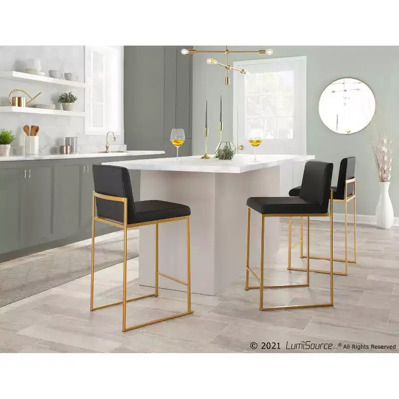 Set of 2 High-Back Counter Height Barstools – Faux Leather, Gold Steel Legs, 26" Seat