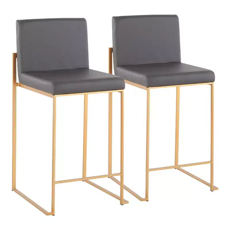 Set of 2 High-Back Counter Height Barstools – Faux Leather, Gold Steel Legs, 26" Seat