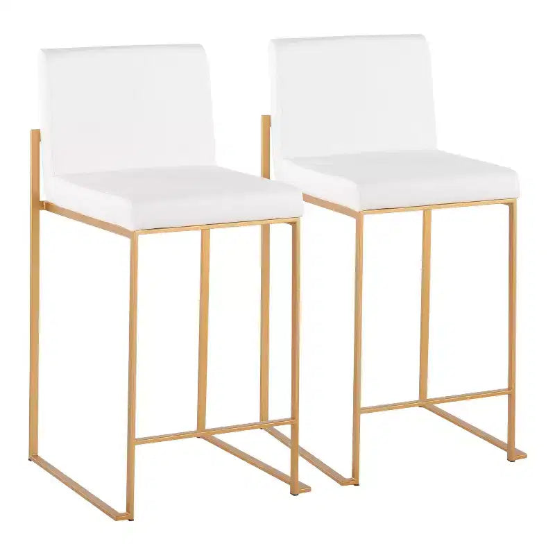 Set of 2 High-Back Counter Height Barstools – Faux Leather, Gold Steel Legs, 26" Seat