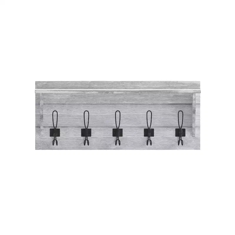 Rustic Wall Mounted Entryway Shelf with 5 Hooks – Solid Wood, Whitewashed, 33 lb Capacity