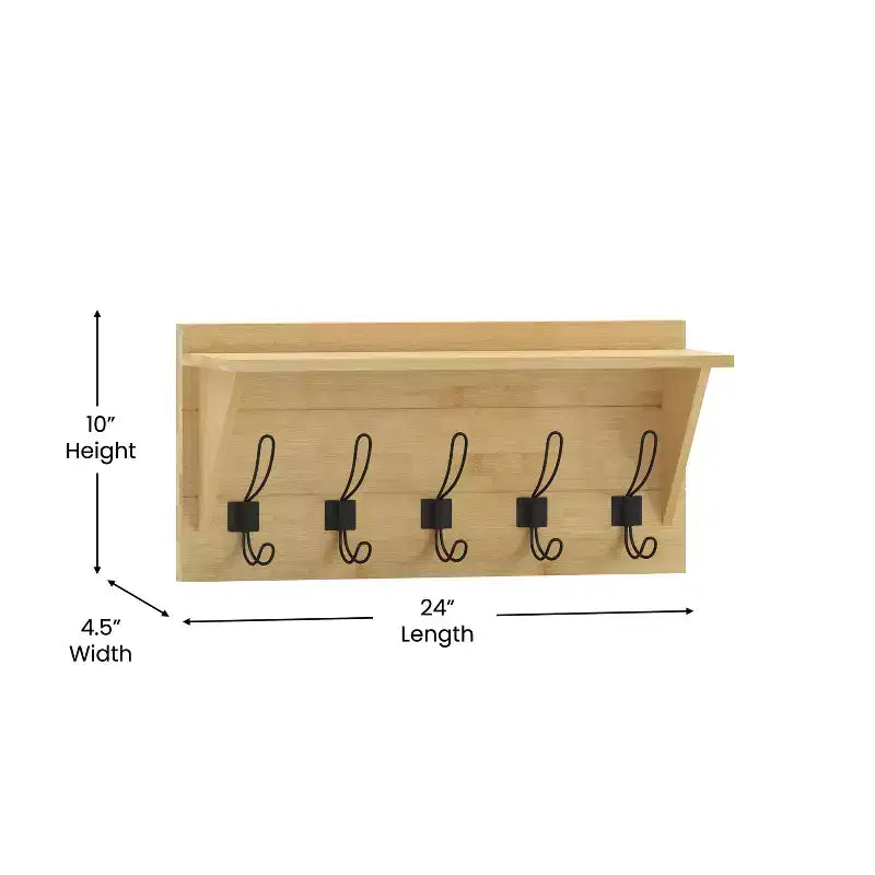 Rustic Wall Mounted Entryway Shelf with 5 Hooks – Solid Wood, Whitewashed, 33 lb Capacity