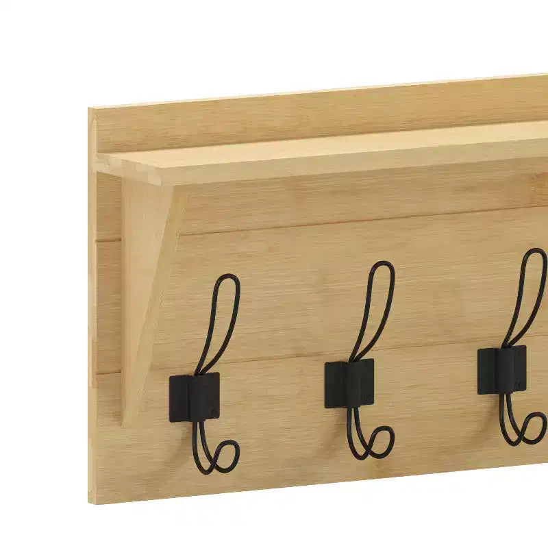 Rustic Wall Mounted Entryway Shelf with 5 Hooks – Solid Wood, Whitewashed, 33 lb Capacity
