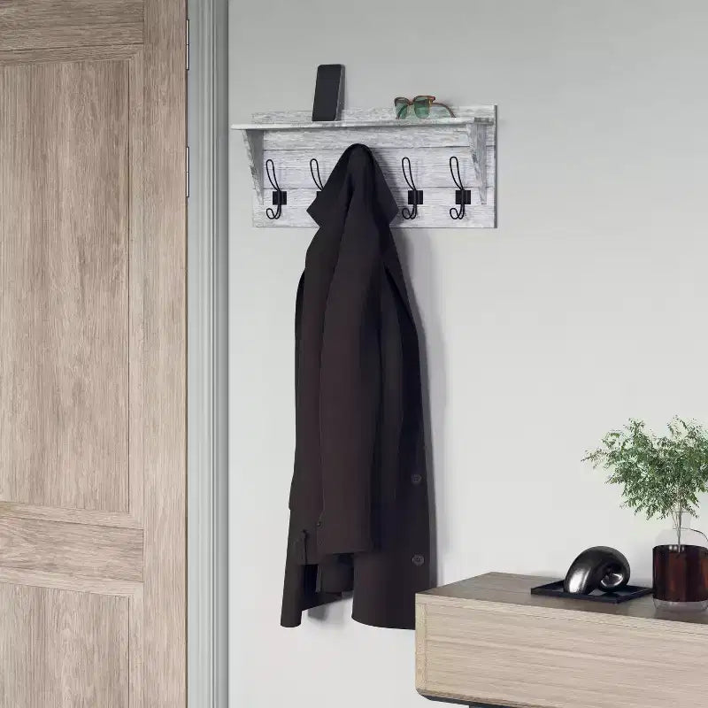 Rustic Wall Mounted Entryway Shelf with 5 Hooks – Solid Wood, Whitewashed, 33 lb Capacity