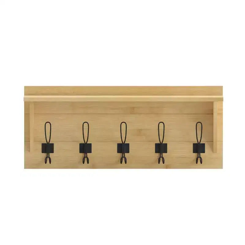 Rustic Wall Mounted Entryway Shelf with 5 Hooks – Solid Wood, Whitewashed, 33 lb Capacity