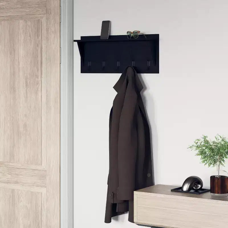 Rustic Wall Mounted Entryway Shelf with 5 Hooks – Solid Wood, Whitewashed, 33 lb Capacity