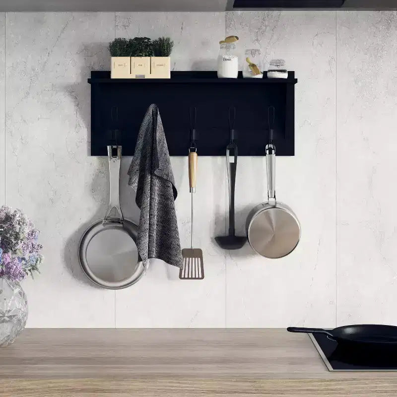 Rustic Wall Mounted Entryway Shelf with 5 Hooks – Solid Wood, Whitewashed, 33 lb Capacity