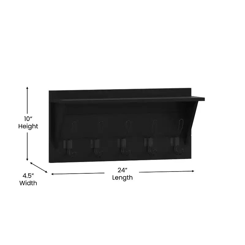 Rustic Wall Mounted Entryway Shelf with 5 Hooks – Solid Wood, Whitewashed, 33 lb Capacity