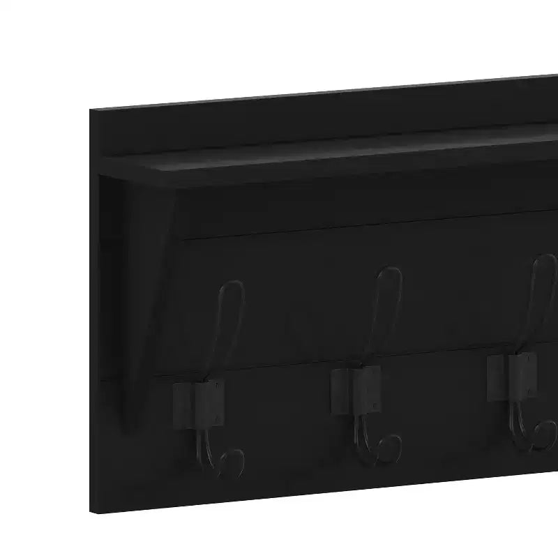 Rustic Wall Mounted Entryway Shelf with 5 Hooks – Solid Wood, Whitewashed, 33 lb Capacity