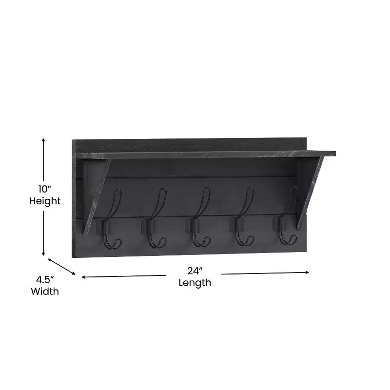 Rustic Wall Mounted Entryway Shelf with 5 Hooks – Solid Wood, Whitewashed, 33 lb Capacity
