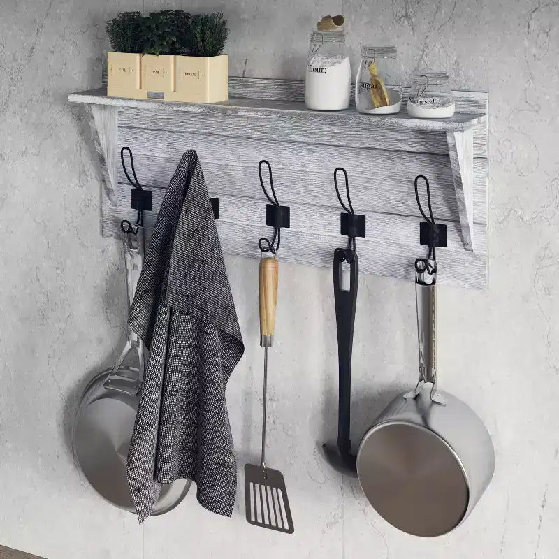 Rustic Wall Mounted Entryway Shelf with 5 Hooks – Solid Wood, Whitewashed, 33 lb Capacity