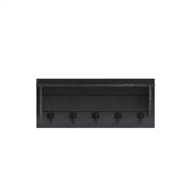 Rustic Wall Mounted Entryway Shelf with 5 Hooks – Solid Wood, Whitewashed, 33 lb Capacity