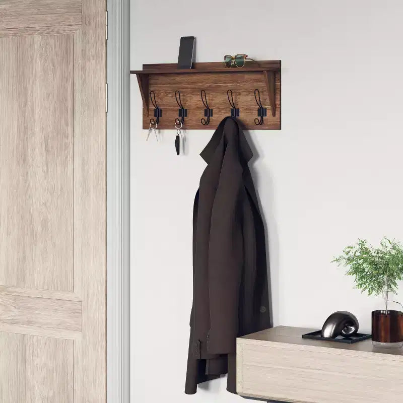 Rustic Wall Mounted Entryway Shelf with 5 Hooks – Solid Wood, Whitewashed, 33 lb Capacity