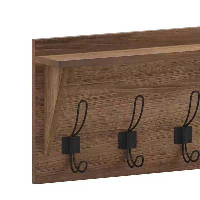 Rustic Wall Mounted Entryway Shelf with 5 Hooks – Solid Wood, Whitewashed, 33 lb Capacity