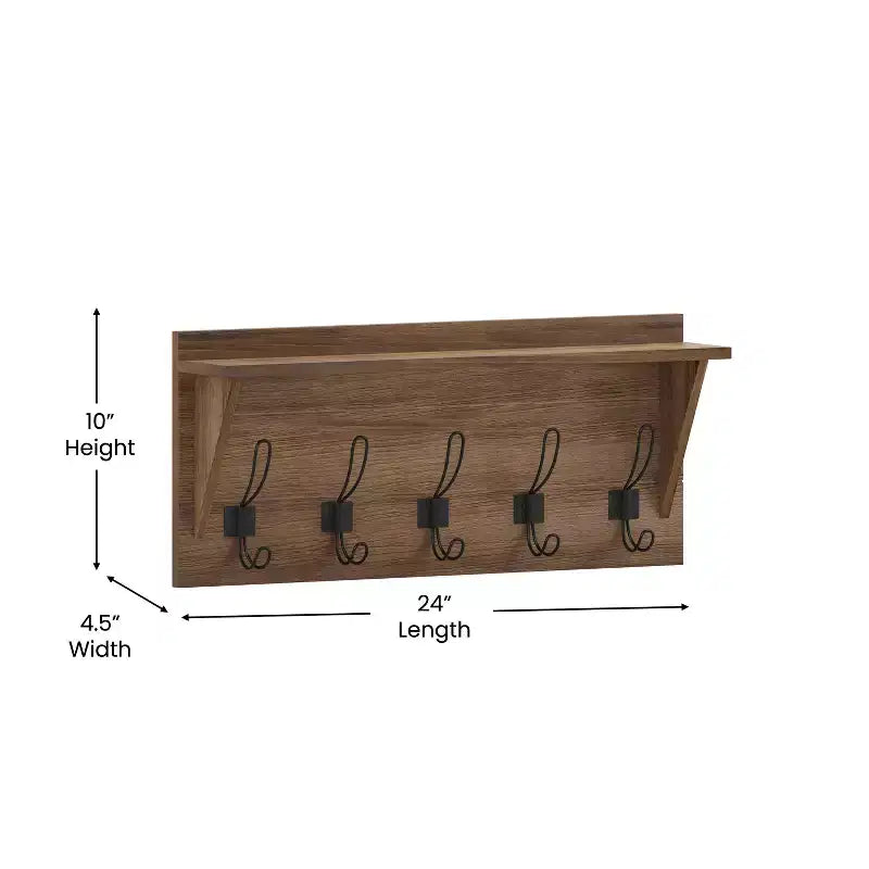 Rustic Wall Mounted Entryway Shelf with 5 Hooks – Solid Wood, Whitewashed, 33 lb Capacity
