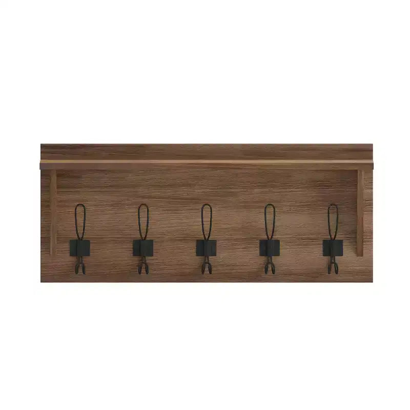 Rustic Wall Mounted Entryway Shelf with 5 Hooks – Solid Wood, Whitewashed, 33 lb Capacity