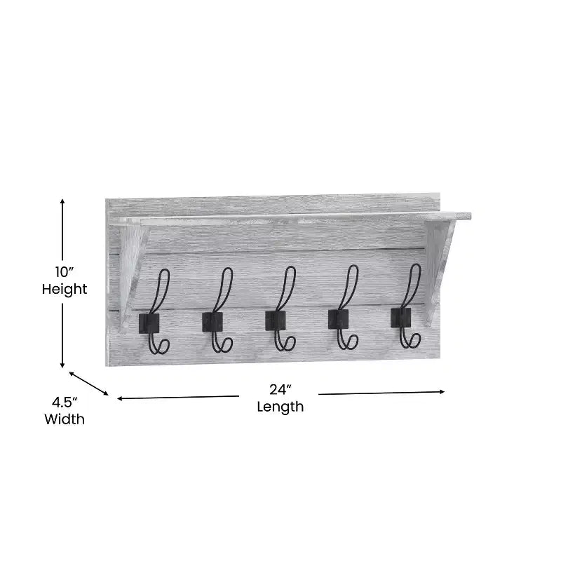 Rustic Wall Mounted Entryway Shelf with 5 Hooks – Solid Wood, Whitewashed, 33 lb Capacity