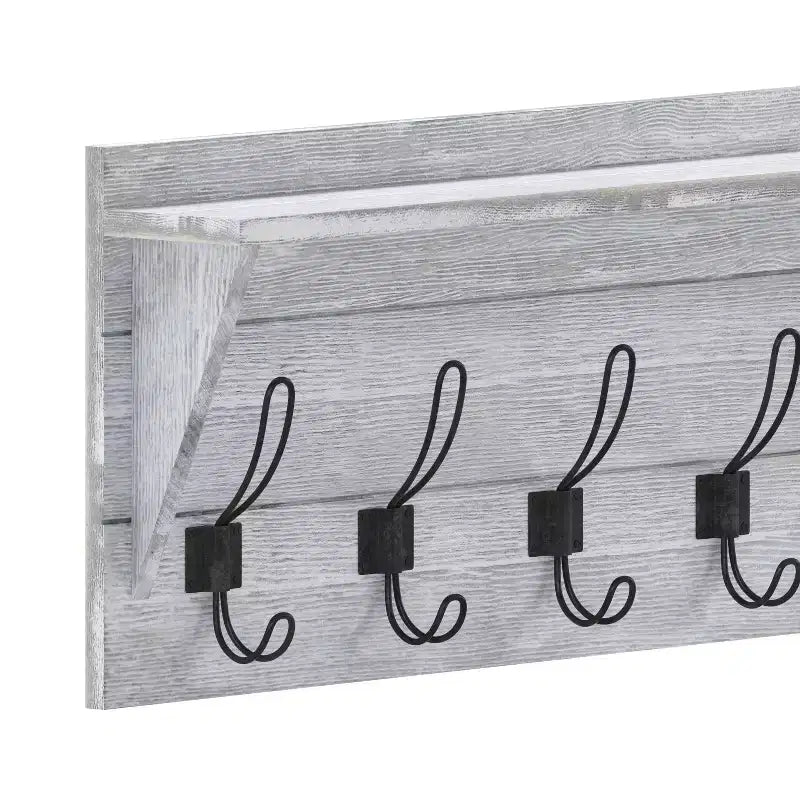 Rustic Wall Mounted Entryway Shelf with 5 Hooks – Solid Wood, Whitewashed, 33 lb Capacity