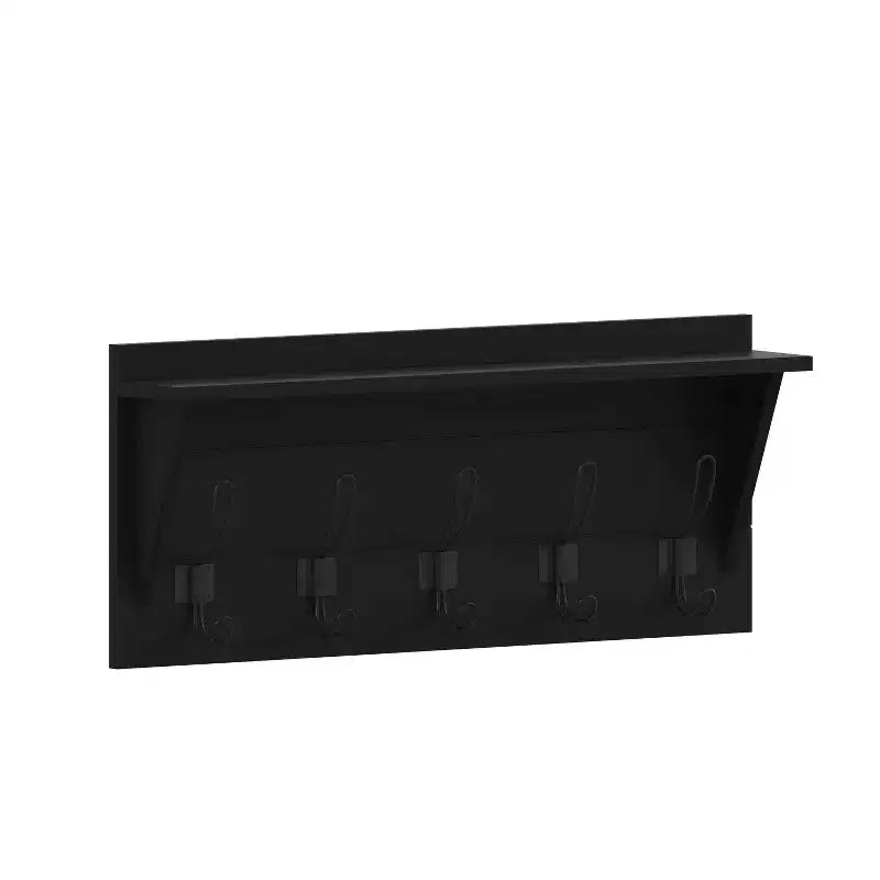 Rustic Wall Mounted Entryway Shelf with 5 Hooks – Solid Wood, Whitewashed, 33 lb Capacity