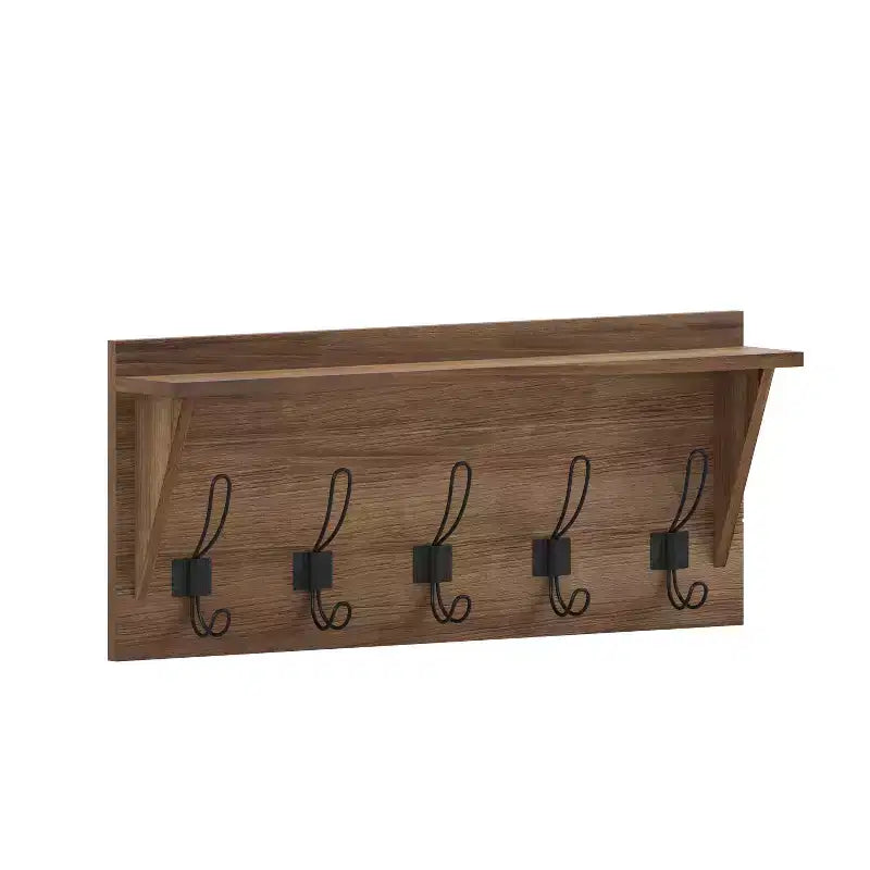 Rustic Wall Mounted Entryway Shelf with 5 Hooks – Solid Wood, Whitewashed, 33 lb Capacity