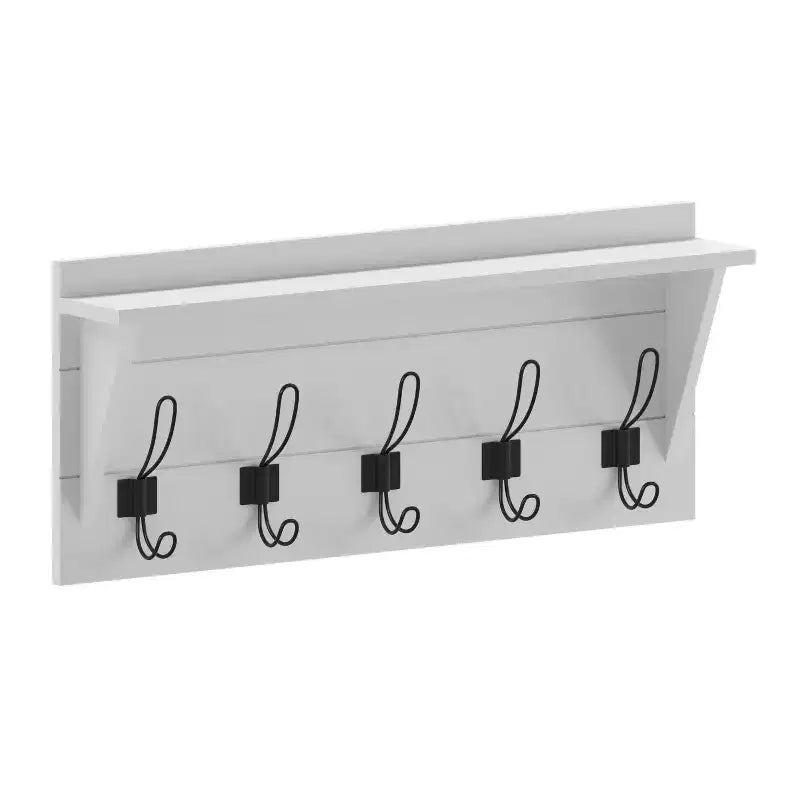 Rustic Wall Mounted Entryway Shelf with 5 Hooks – Solid Wood, Whitewashed, 33 lb Capacity