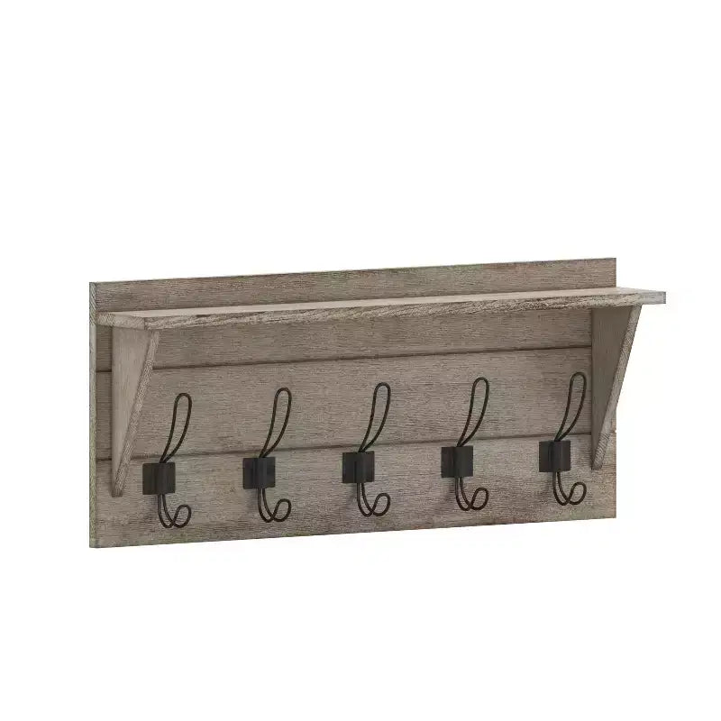 Rustic Wall Mounted Entryway Shelf with 5 Hooks – Solid Wood, Whitewashed, 33 lb Capacity