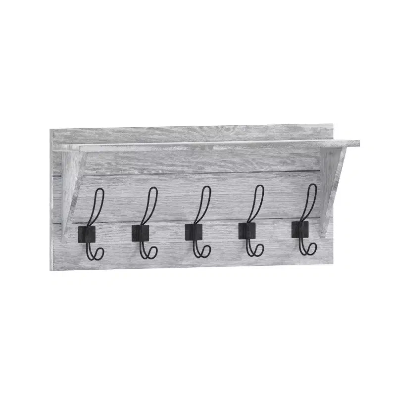 Rustic Wall Mounted Entryway Shelf with 5 Hooks – Solid Wood, Whitewashed, 33 lb Capacity
