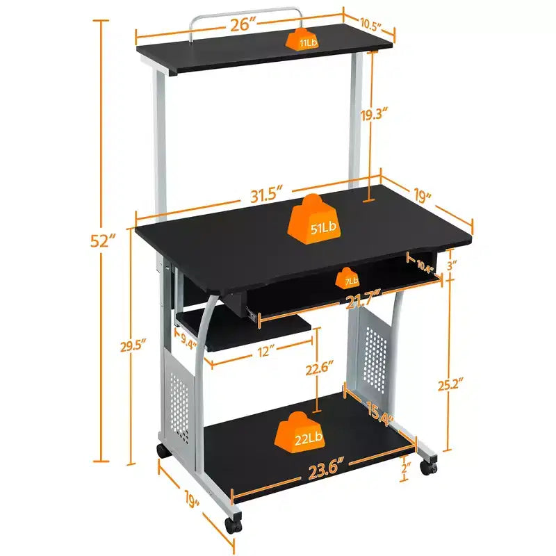 Computer Desk with Printer Shelf, Keyboard Tray & Storage Rack – 52"H, Iron Frame