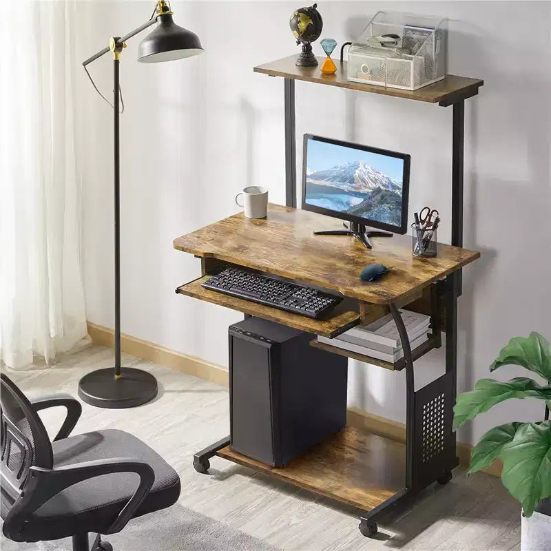 Computer Desk with Printer Shelf, Keyboard Tray & Storage Rack – 52"H, Iron Frame