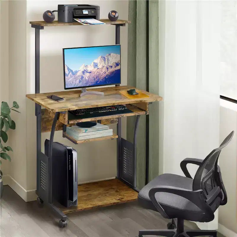 Computer Desk with Printer Shelf, Keyboard Tray & Storage Rack – 52"H, Iron Frame