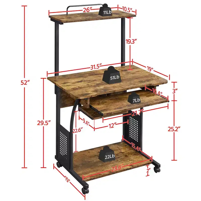 Computer Desk with Printer Shelf, Keyboard Tray & Storage Rack – 52"H, Iron Frame