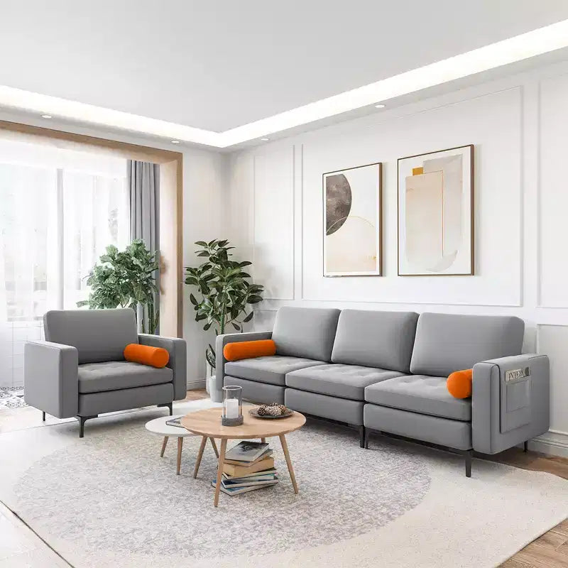 Modern Modular 3-Seat Sofa Couch – Ash Grey, Side Pocket, Metal Legs, 660 lb/Seat
