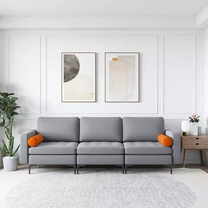 Modern Modular 3-Seat Sofa Couch – Ash Grey, Side Pocket, Metal Legs, 660 lb/Seat