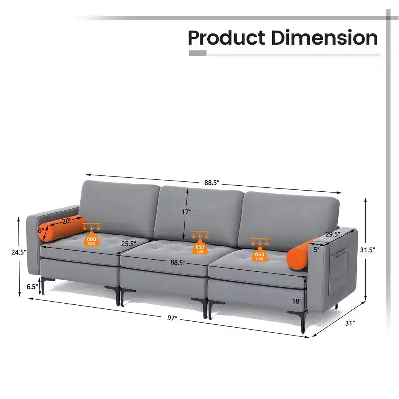 Modern Modular 3-Seat Sofa Couch – Ash Grey, Side Pocket, Metal Legs, 660 lb/Seat