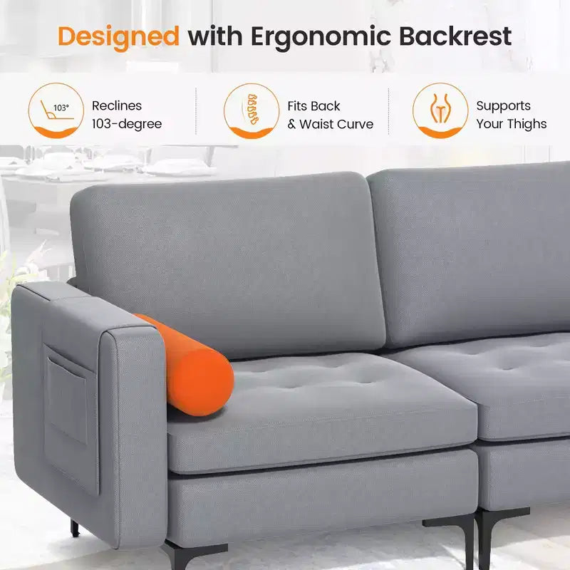 Modern Modular 3-Seat Sofa Couch – Ash Grey, Side Pocket, Metal Legs, 660 lb/Seat