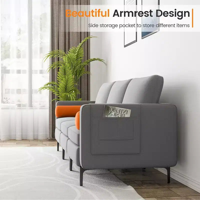 Modern Modular 3-Seat Sofa Couch – Ash Grey, Side Pocket, Metal Legs, 660 lb/Seat