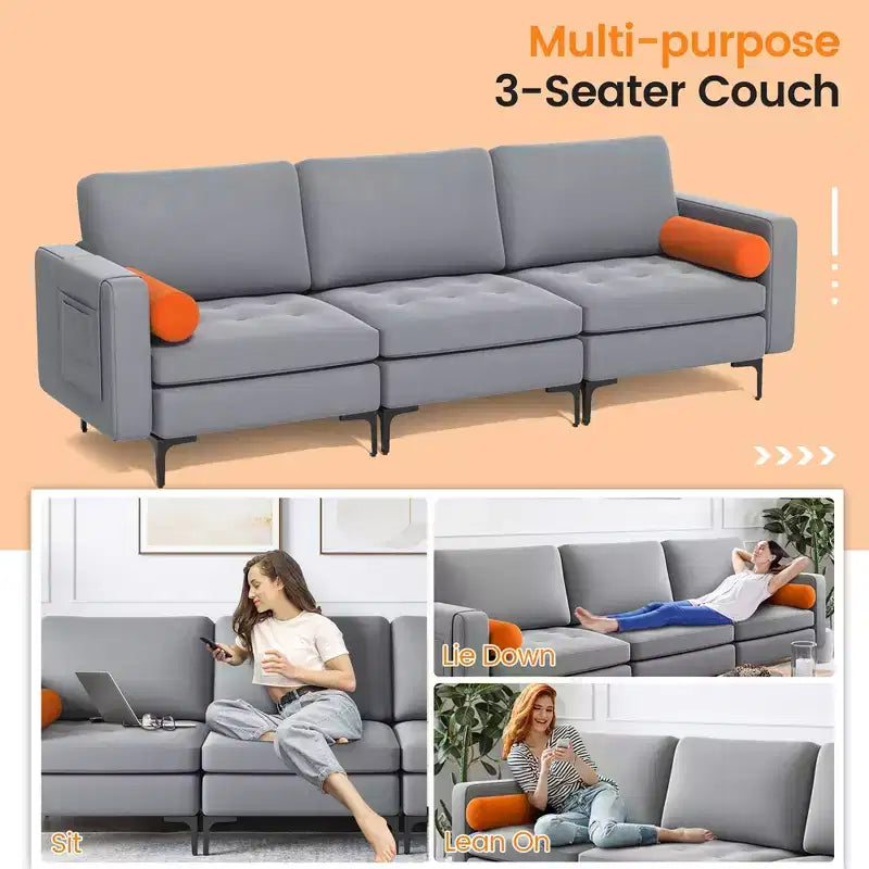 Modern Modular 3-Seat Sofa Couch – Ash Grey, Side Pocket, Metal Legs, 660 lb/Seat