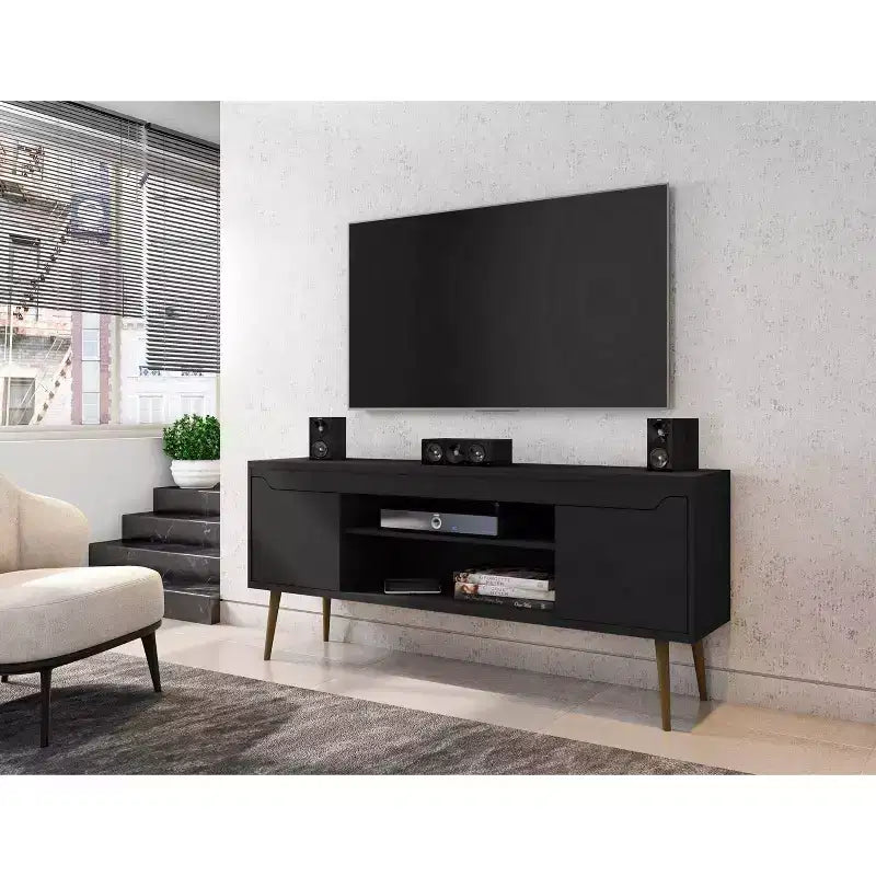 TV Stand for TVs up to 60" – 63"W, 2 Cabinet Doors, Open Shelves, Cord Management