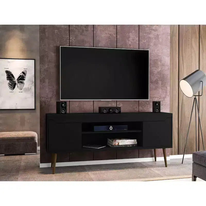 TV Stand for TVs up to 60" – 63"W, 2 Cabinet Doors, Open Shelves, Cord Management