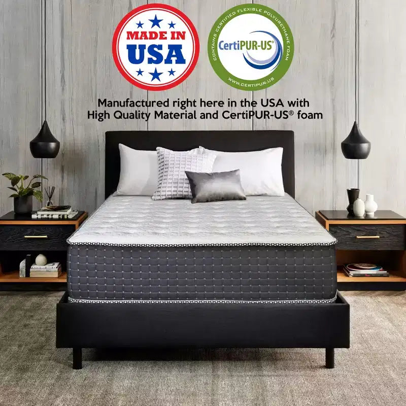 14" Firm Pocket Coil Hybrid Mattress – Memory Foam, Breathable Damask Cover, Bed in a Box