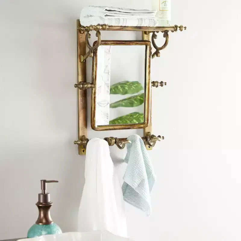 15x20" Bathroom Wall Rack with Hooks & Rectangular Mirror – Burnished Aluminum