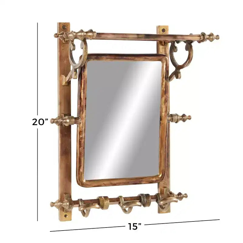 15x20" Bathroom Wall Rack with Hooks & Rectangular Mirror – Burnished Aluminum
