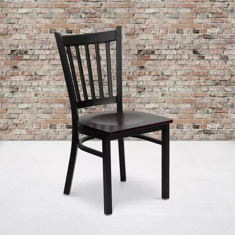 Set of 4 Vertical Back Metal Restaurant Dining Chairs – Mahogany Wood Seat, 500 lb, Commercial Grade