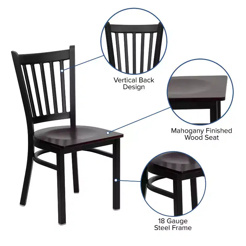 Set of 4 Vertical Back Metal Restaurant Dining Chairs – Mahogany Wood Seat, 500 lb, Commercial Grade