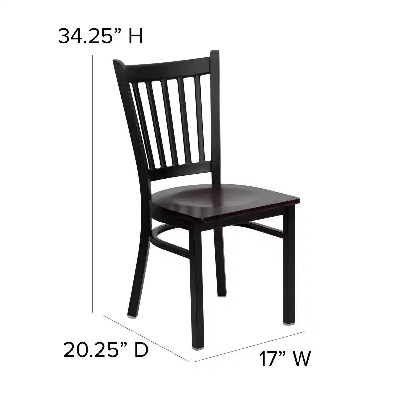 Set of 4 Vertical Back Metal Restaurant Dining Chairs – Mahogany Wood Seat, 500 lb, Commercial Grade