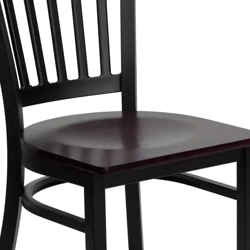 Set of 4 Vertical Back Metal Restaurant Dining Chairs – Mahogany Wood Seat, 500 lb, Commercial Grade