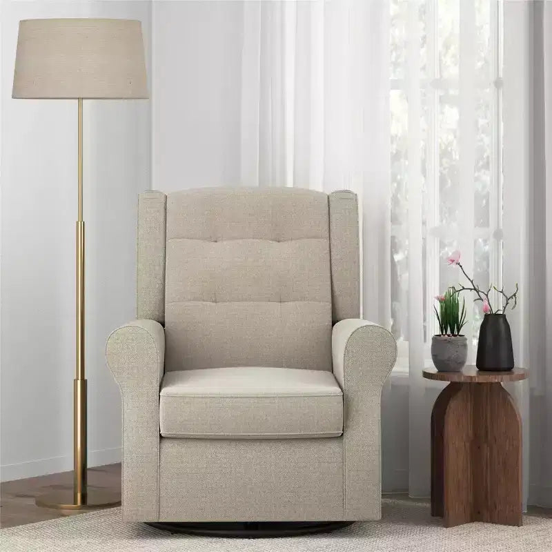 Nursery Tufted Wingback Gliding Chair – Linen Upholstery, 360° Swivel, 250 lb Capacity