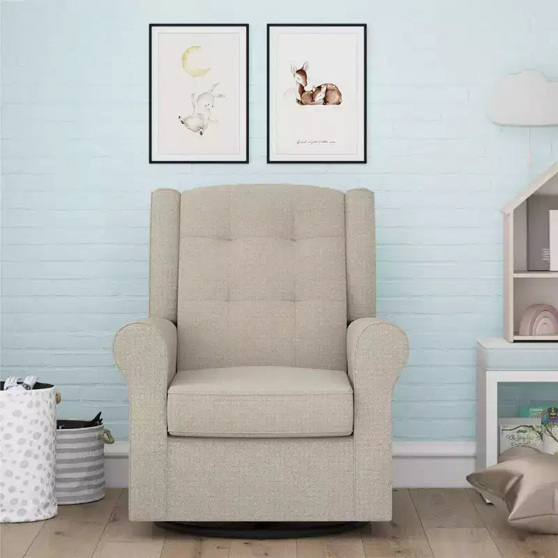 Nursery Tufted Wingback Gliding Chair – Linen Upholstery, 360° Swivel, 250 lb Capacity
